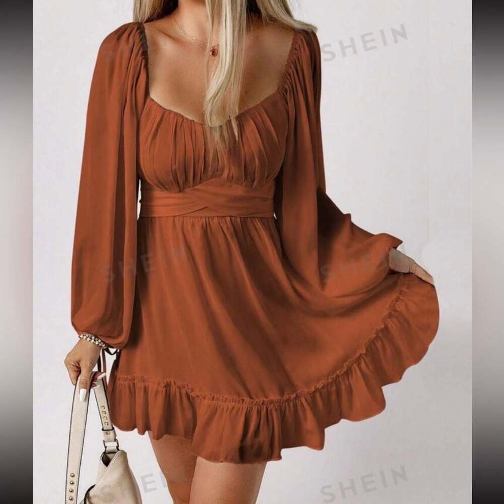 Acelitt Sweetheart Neck Lantern Sleeve Ruched Bust Ruffle Hem Dress